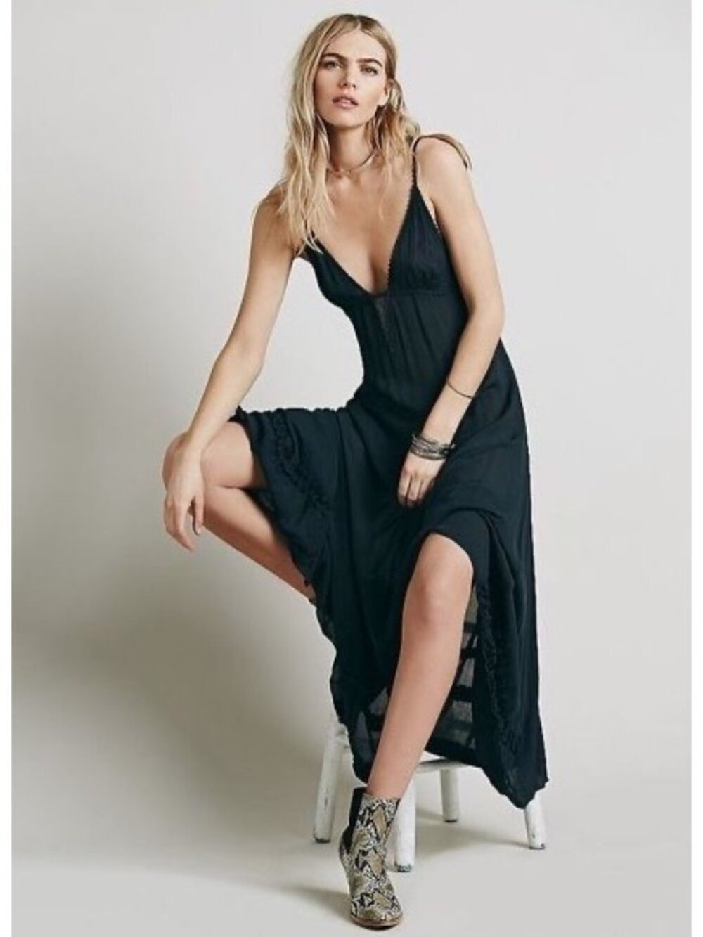 RARE Vtg NWT Free People Gray Lace Crochet Maxi Slip Dress M | Whimsigoth Boho